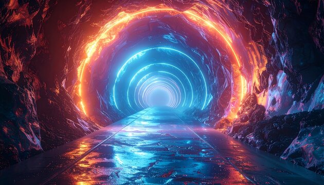 A long, rocky tunnel with concentric glowing rings of orange and blue light radiating towards the end. The floor is reflective