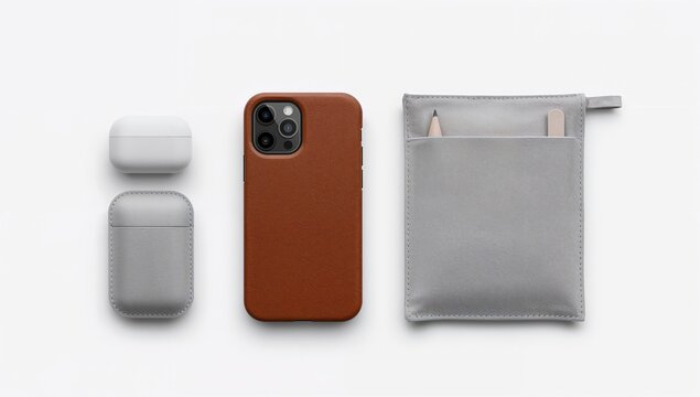 Modern tech accessories and minimal stationery flat lay design