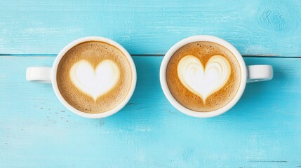 Heart latte art in two white coffee cups on a bright blue wooden background. Romantic coffee break concept.