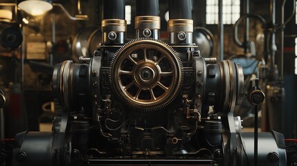 Close up of an industrial steam engine showcasing intricate gears and pipes in a vintage workshop setting with steampunk design aesthetic.