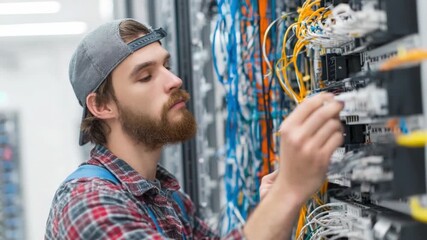 Network Engineer at Work: A focused network engineer meticulously inspects the intricate wiring and connections of a server rack, highlighting precision in his technical work.