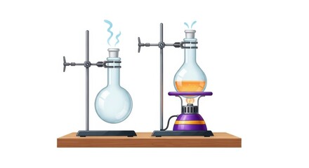 Two roundbottom flasks are set up on a wooden surface, one steaming gently and the other heated by a burner