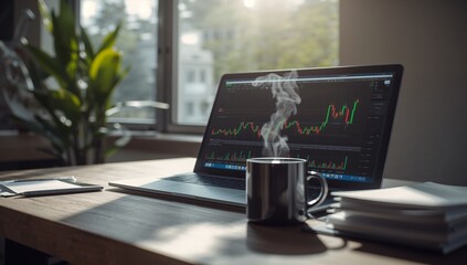 Laptop shows financial charts, hot coffee, sunny home office desk.