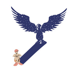 Obraz premium Illustration of a beautiful woman sitting on floor. Young attractive woman and her fantasy shadow as woman angel with huge bird wings. Moon and stars.