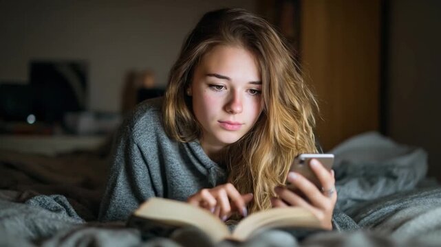 Evening Reading: A young woman is engrossed in the captivating world of literature, simultaneously engaging with her smart phone.