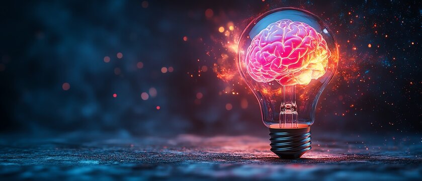 Lightbulb exploding in vibrant neon colors, revealing a detailed human brain inside, highquality digital wallpaper background, creative and futuristic design