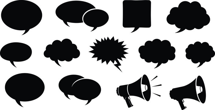 Collection of black speech bubbles and megaphones on a white background