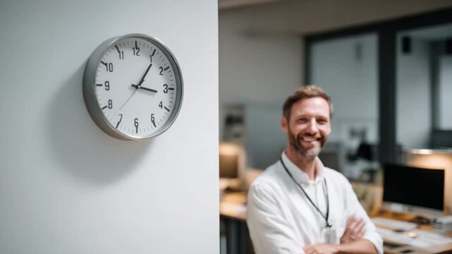 Time Management at Work: A modern wall clock hangs prominently on a simple wall, reflecting the passage of time, with a focused professional man in the office setting.