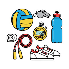 Set of sport items with water bottle ball stopwatch whistle and shoes