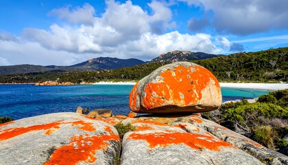 Coastal view featuring orange-lichened rock, ocean, beach, and distant mountains