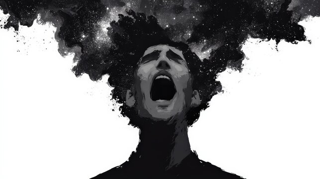 A dramatic illustration of a person screaming, with swirling cosmic elements emerging from their head, symbolizing deep emotions and mental turmoil.