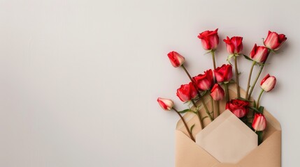 Flat lay red flowers and envelope on gray with copy space.