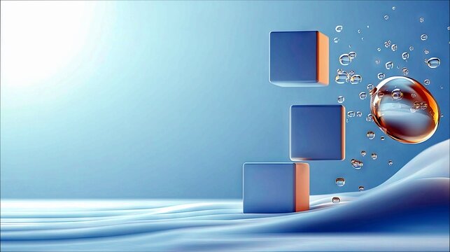 Three blue cubes are arranged vertically on a wavy blue surface with a large water droplet and small bubbles floating nearby.