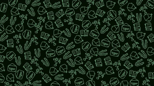 A repetitive pattern of outlined stationery items including books, pens, and notebooks on a black background with green highlights, suitable for design projects and backgrounds.