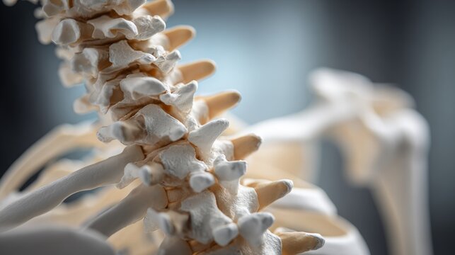 Detailed Human Spine Anatomy Model Showing Vertebrae Structure and Alignment in Close-Up on a Blurred Background for Educational Purposes