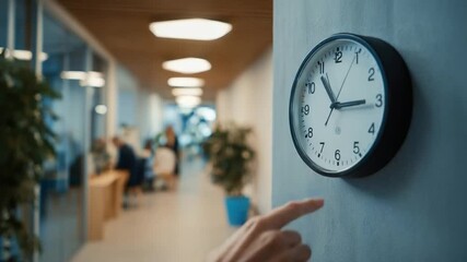 Time's Touch: A close-up view of a classic wall clock is subtly framed within the bustling ambience of a contemporary office corridor.