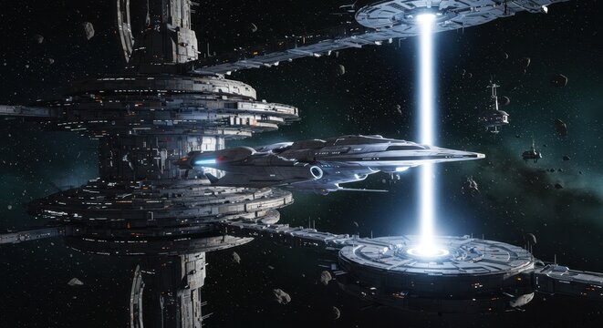 Advanced starship approaches massive orbital structure amidst cosmic debris field