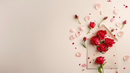 Flat lay red flowers and envelope on gray with copy space.