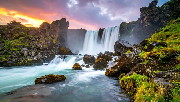 A majestic waterfall cascades over rugged rocks under a vibrant sunset with colorful sky in a scenic landscape - Powered by Adobe