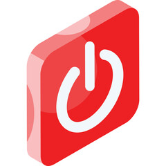 Red Square Icon with Power Symbol On Transparent Background In Isometric View