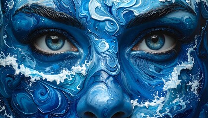 Close-up of eyes, face art, a flowing blue water theme