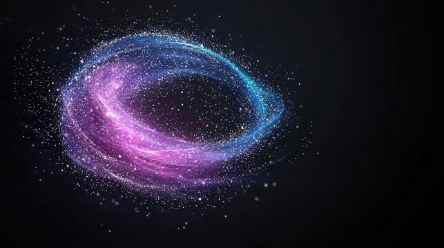 A dynamic, swirling cloud of luminous particles transitions from purple to blue, set against a deep black backdrop, evoking a sense of cosmic wonder.