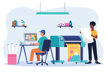 Graphic Design Team Working with Large Format Printer