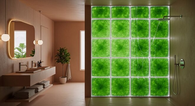 A modern pink bathroom showcasing a futuristic algae bioreactor shower wall, blending sustainable technology with elegant interior design