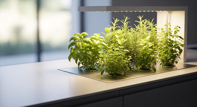 Contemporary indoor hydroponic herb garden system with integrated LED lighting for fresh, homegrown aromatic plants, enhancing modern kitchen aesthetics and promoting sustainable living
