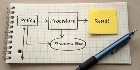 Flowchart of Policy Procedure with Structured Flow and Result Visualization on Notebook with Pen and Sticky Note