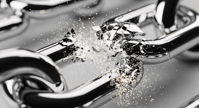 Dramatic close-up of a sturdy metal chain breaking apart into countless shattered pieces, symbolizing freedom, crisis, weakness, or a pivotal moment of change and liberation