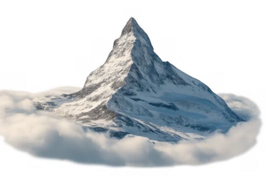 Matterhorn mountain peak rising above clouds on a transparent background, winter landscape in the alps