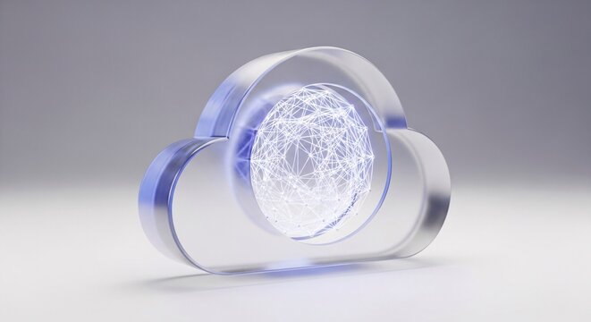 Transparent 3D cloud icon with glowing data network sphere, symbolizing advanced cloud computing, global digital infrastructure, and secure technological connectivity solutions