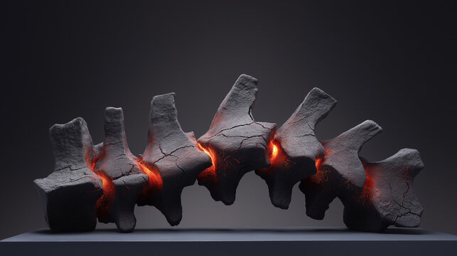 foremost. A sculptural representation of a human spine made of cracked stone with five points of intense pressure glowing warmly. wellbeing guides.