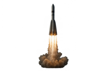 Rocket launching, ascending into space, burning fire and smoke during liftoff with transparent background