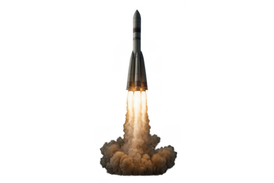 Rocket launching, ascending into space, burning fire and smoke during liftoff with transparent background