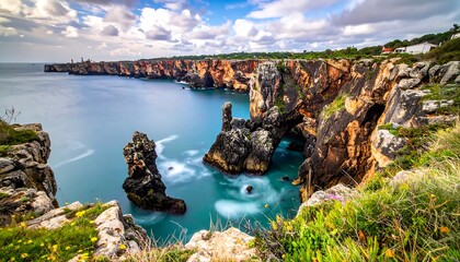 Coastal cliffs meet turquoise waters with unique rock formations under cloudy sky