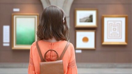 Young Girl Admiring Classic Artwork in Museum Gallery