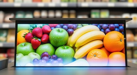 A vibrant digital display showcasing a colorful assortment of fresh fruits, promoting healthy eating and grocery shopping.