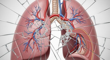 Artistic depiction of human lungs with shattered glass overlay, symbolizing damage and fragility.