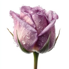Beautiful lavender rose bud with fresh water drops on white