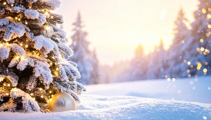 Beautiful winter forest covered in fresh snow with pine trees decorated with warm Christmas lights, soft glowing atmosphere and sparkling snow creating a holiday wonderland.