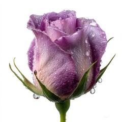 Beautiful lavender rose bud with fresh water drops on white