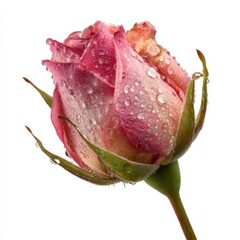 Beautiful pink rose bud with fresh water drops on white background.