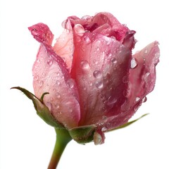 Beautiful pink rose bud with fresh water drops on white background.