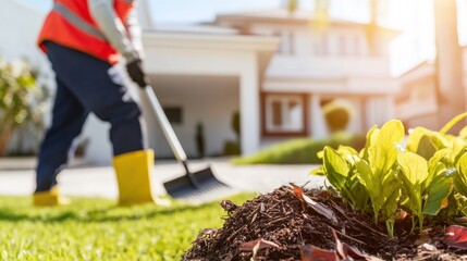 Professional gardener shoveling soil in a sunny home garden with green plants in the foreground.