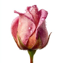 Beautiful pink rose bud with fresh water drops on white background.