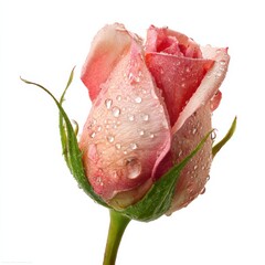 Beautiful pink rose bud with fresh water drops on white background.