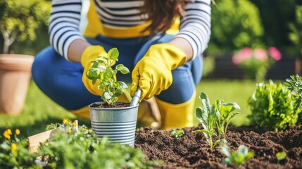 Gardener's hands in yellow gloves planting a young seedling into fertile soil in a vibrant spring garden.