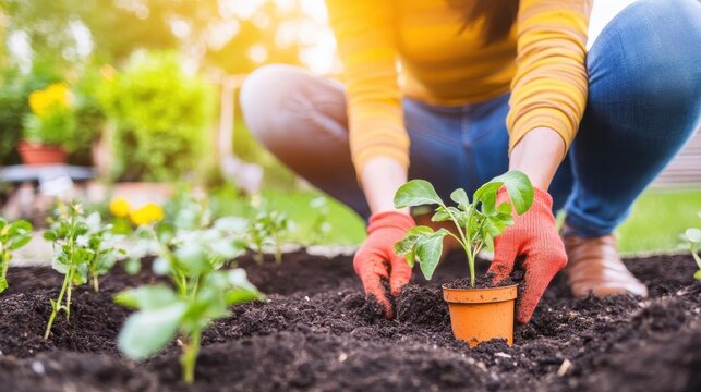 Gardener's hands in gloves planting a young green seedling into fertile garden soil on a sunny day, close-up